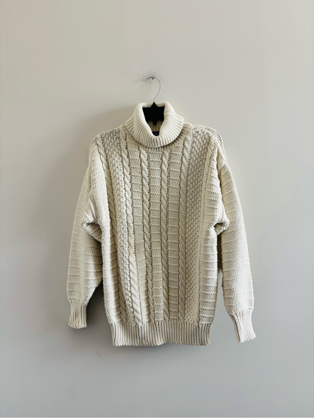 Vintage Nordstrom Cable Knit Turtleneck Sweater Cream Cotton Womens M Preppy 80s